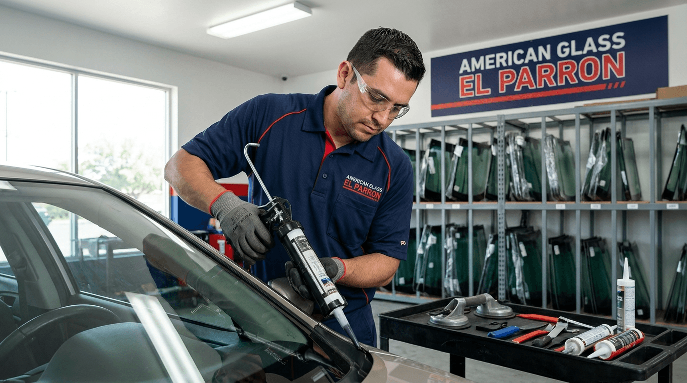 Técnico aplicando adhesivo de uretano en el marco de un parabrisas