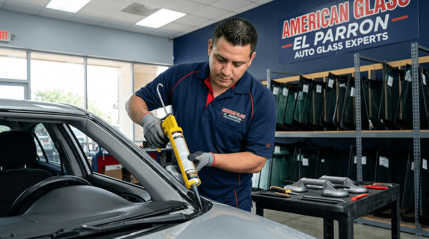 Técnico trabajando junto al estante con parabrisas en stock
